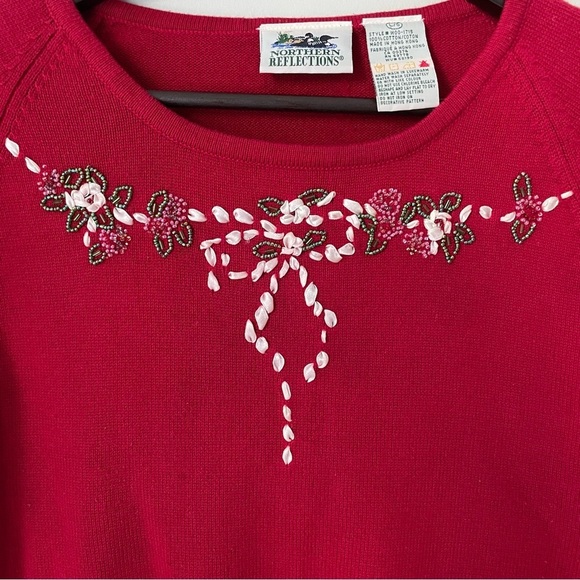 โ๏ธSOLDโ๏ธ Vintage 90s Red Festive Beaded Knit Sweater Top Ribbon Bow Floral L - Picture 5 of 8